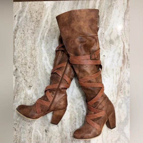 Michael Antonio Brown Faux Leather Belted Boots Size 9 – 20” Shaft 3.75”Heel EUC - Picture 2 of 6